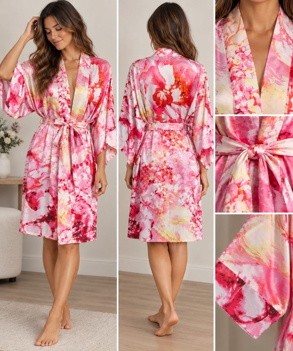 Natori Floral Satin Robe Kimono Pink Red Long Belted Lounge